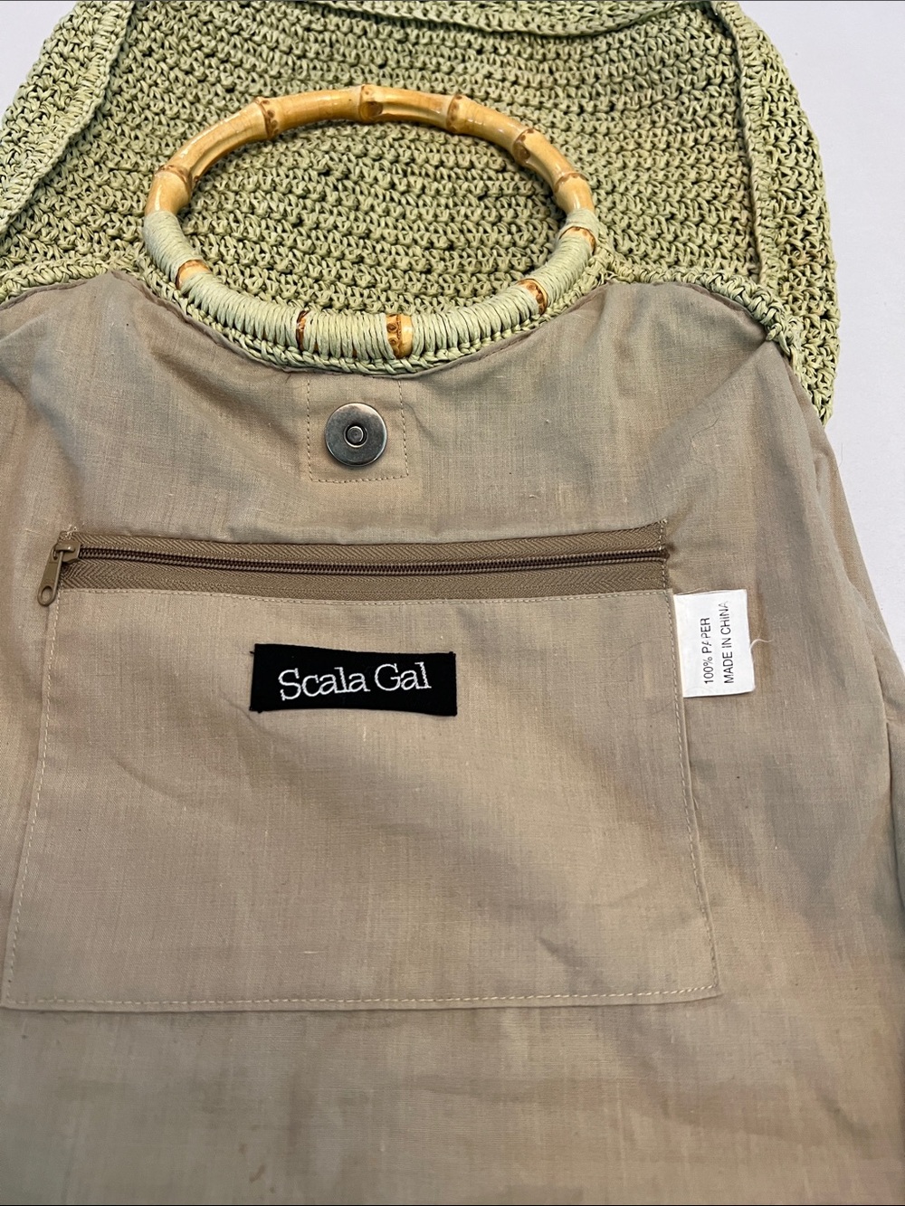 SCALA GAL Y2K GREEN WOVEN TWINE WITH FLOWERS WITH BAMBOO HANDLES BAG PURSE - Picture 10 of 12